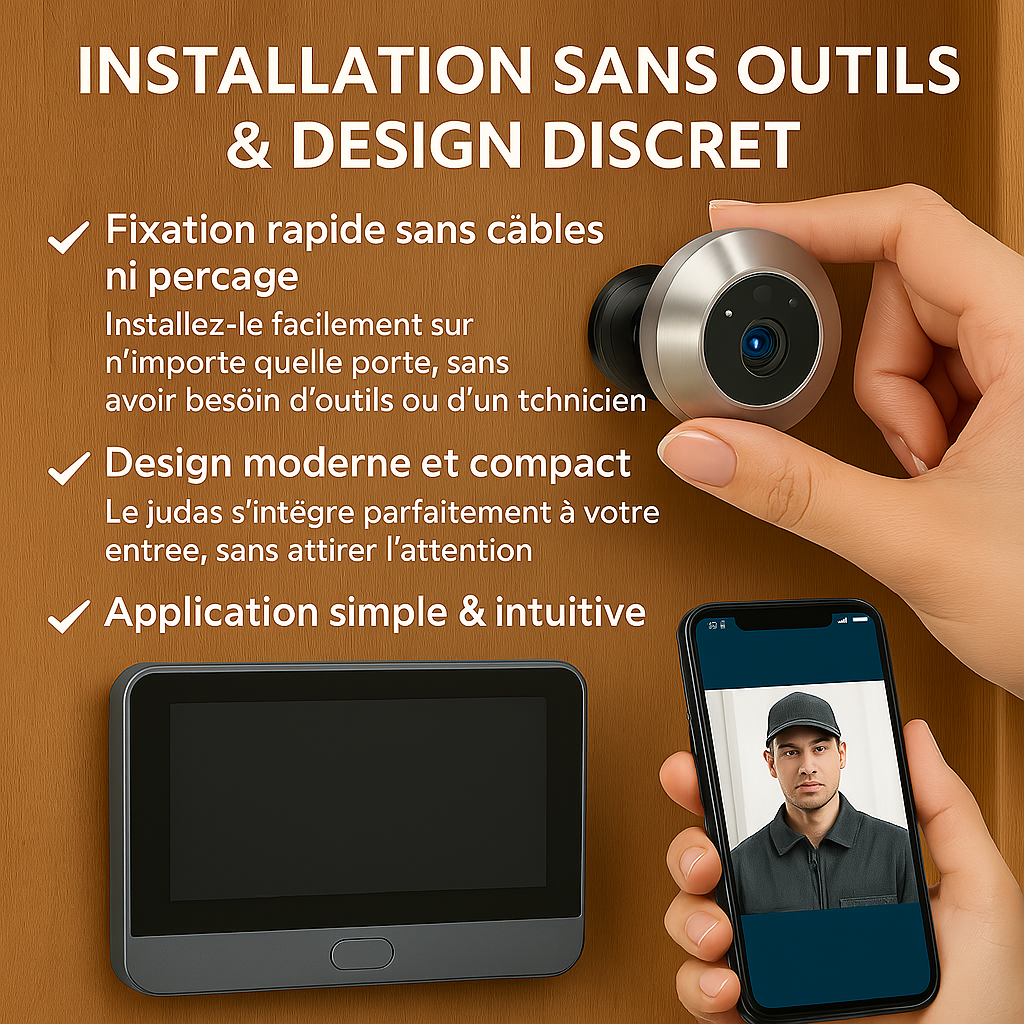 Judas numérique sans fil installé facilement sur une porte en bois, sans câbles ni perçage. Un écran et un smartphone affichent un visiteur, illustrant l'application intuitive et le design discret de l'appareil.