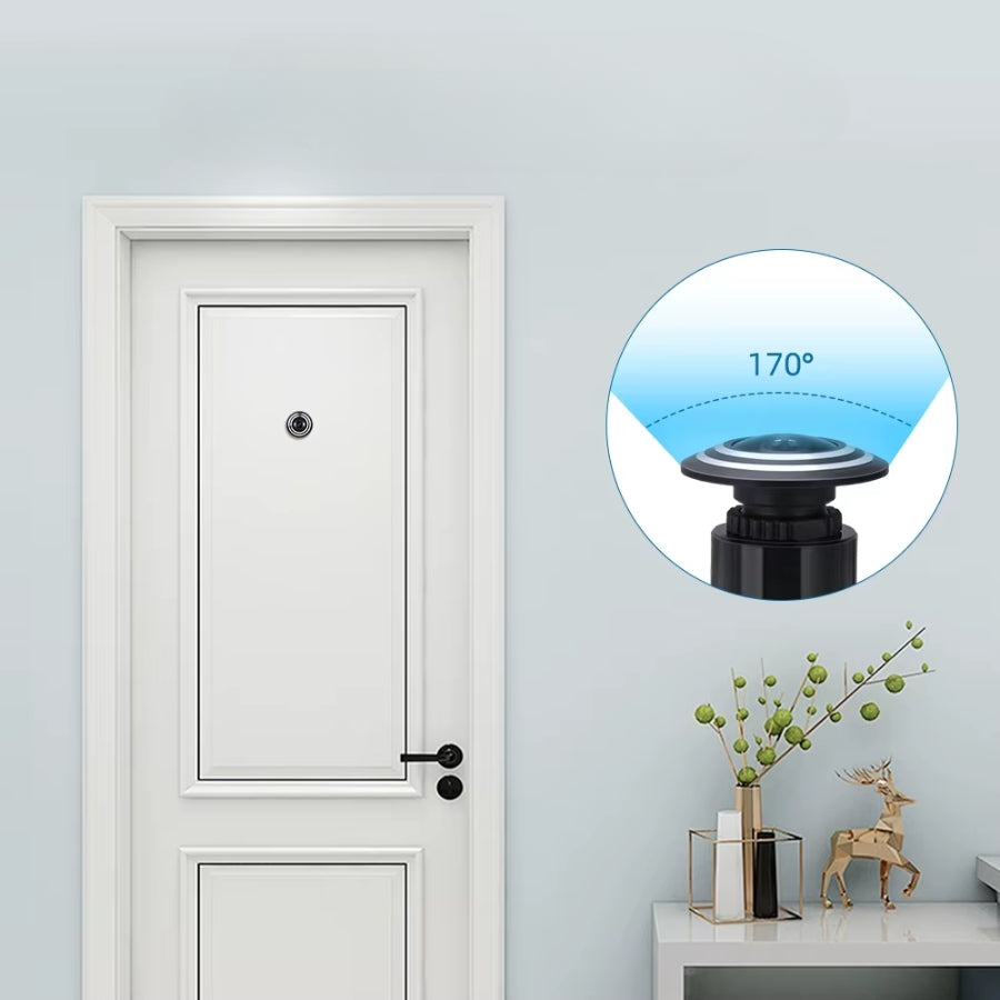 Juda caméra WiFi installée sur une porte d’entrée, avec un angle de vision grand angle de 170°. Sécurité renforcée et surveillance discrète de votre domicile.