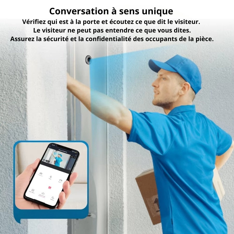 Juda caméra WiFi avec fonction audio à sens unique. Affichage du visiteur sur smartphone lors d'une livraison. Idéal pour vérifier qui est à la porte sans être entendu.