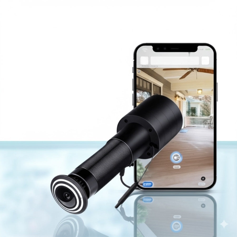 Juda caméra WiFi affichant la vue en direct de l’entrée sur un smartphone. Idéale pour surveiller les visiteurs à distance avec une vision claire et connectée.