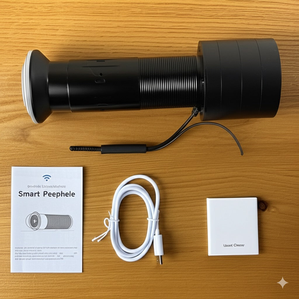 Contenu de la boîte d’une Juda caméra WiFi : objectif connecté, câble de recharge USB, manuel d’utilisation et module de contrôle. Kit complet pour installation rapide.
