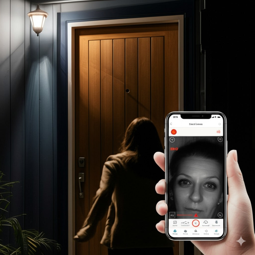 Juda caméra WiFi avec vision nocturne connectée à un smartphone, montrant une femme filmée à l’entrée d’une maison. Idéal pour surveiller à distance de jour comme de nuit.