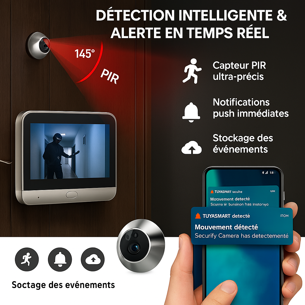 Affichage du judas numérique détectant un intrus dans un couloir grâce à un capteur PIR. Texte en français visible dans l’image pour illustrer la détection intelligente, l’alerte immédiate sur smartphone et le stockage des événements.