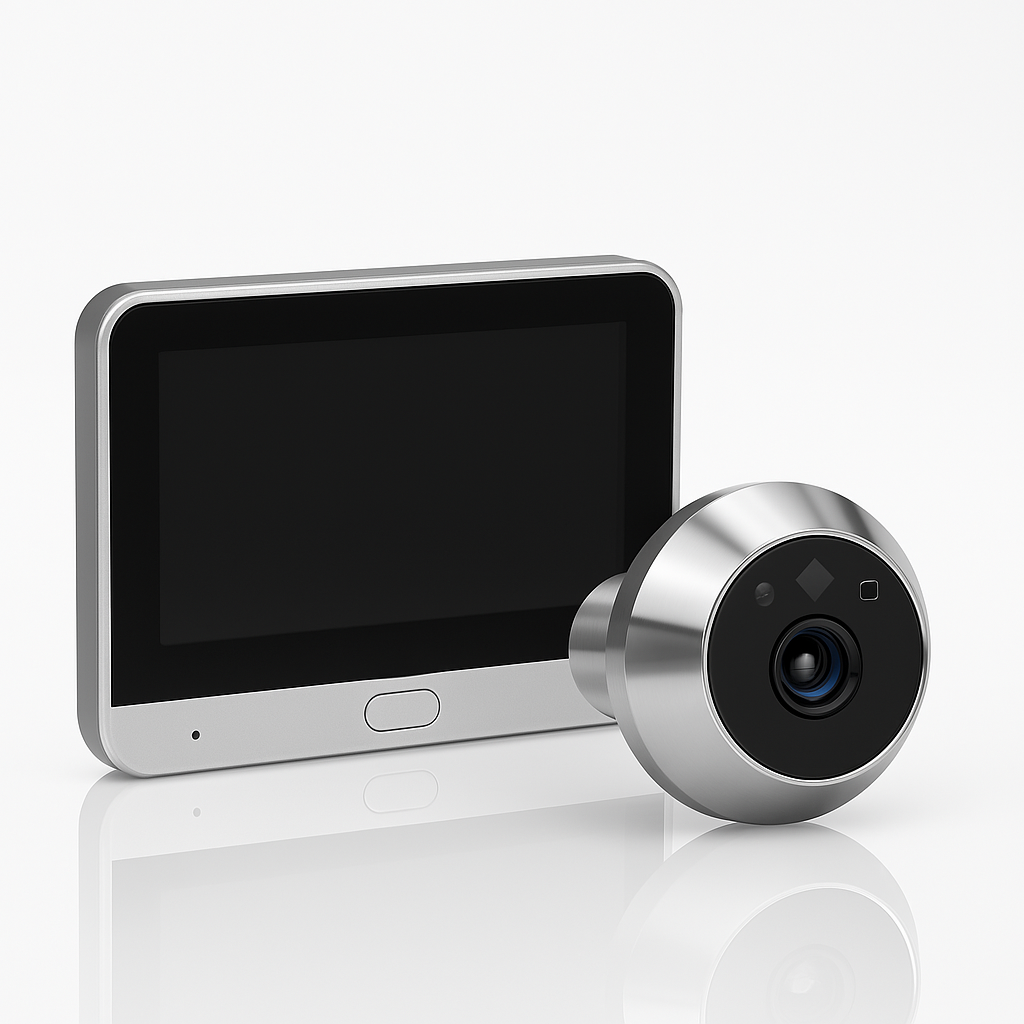 Judas numérique sans fil moderne avec écran LCD et capteur vidéo HD, posé sur surface blanche réfléchissante pour une présentation élégante du produit.