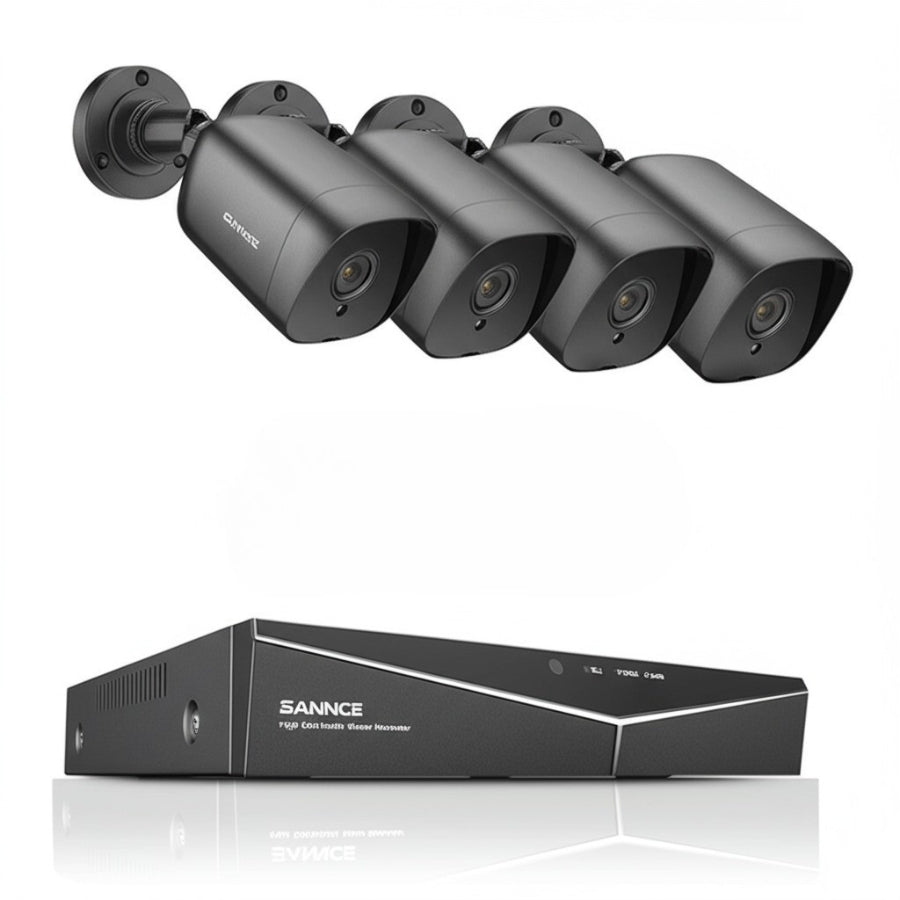 Kit de vidéo surveillance composé de 4 caméras extérieures avec enregistreur sécurisé, idéal pour une protection complète.