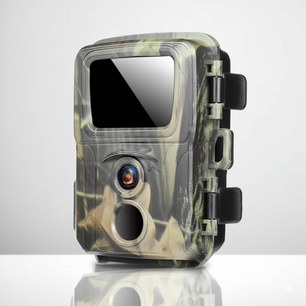 Mini caméra de chasse compacte, camouflage haute définition pour l'observation discrète des animaux en milieu naturel.