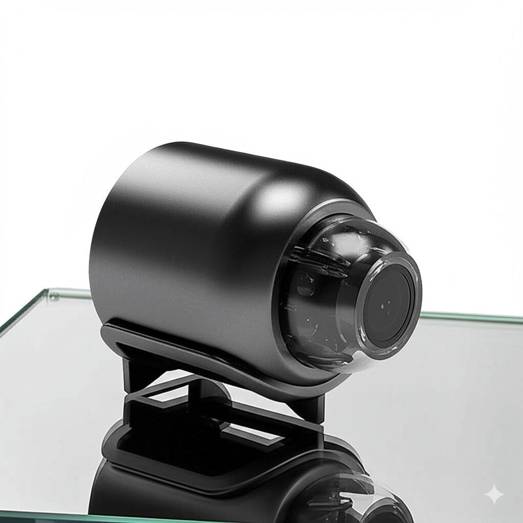 Mini caméra espion WiFi noire au design compact et discret, posée sur une surface vitrée. Parfaite pour la surveillance intérieure en toute discrétion avec connexion à distance.
