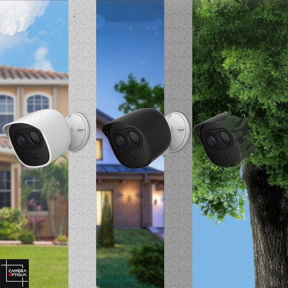 Protection discrète pour votre caméra de surveillance nocturne grâce à la coque en silicone camouflage noir et blanc.