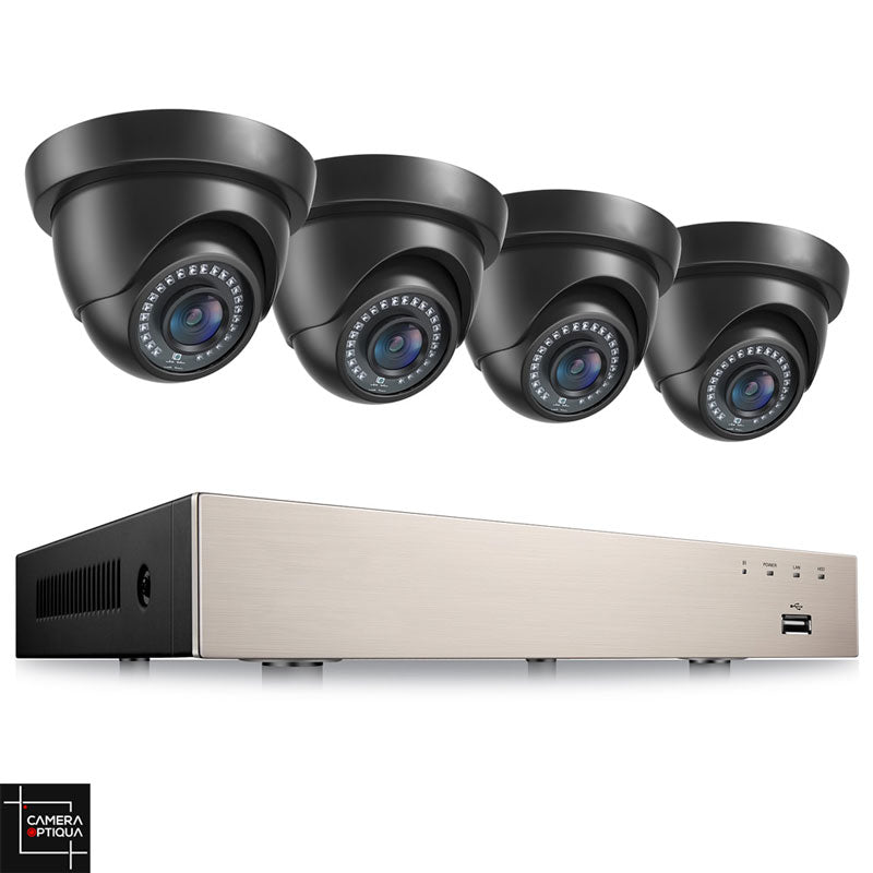 Kit de surveillance extérieur Camera-Optiqua avec 4 caméras noires et enregistreur inclus pour une sécurité maximale.