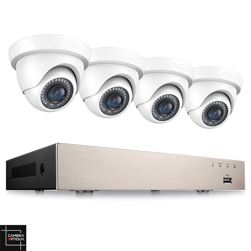 Protégez votre propriété avec le kit de surveillance extérieur de Camera-Optiqua, doté de 4 caméras blanches et d'un enregistreur.