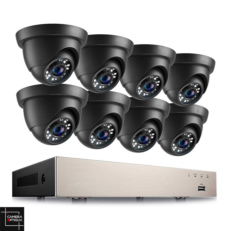 Assurez une sécurité optimale avec le kit de surveillance extérieur de Camera-Optiqua, doté de 8 caméras noires et d'un enregistreur