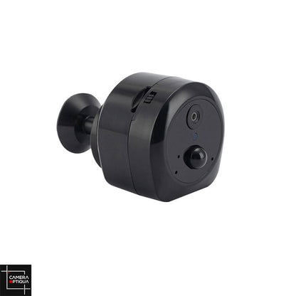 Mini caméra espion sans fil autonome noire de chez Camera-Optiqua avec enregistrement pour une surveillance discrète et efficace