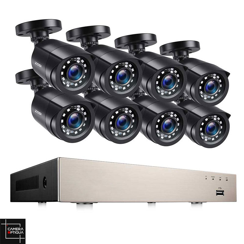le système de surveillance complet de Camera-Optiqua doté de 8 caméras et d'un enregistreur pour une surveillance à distance.