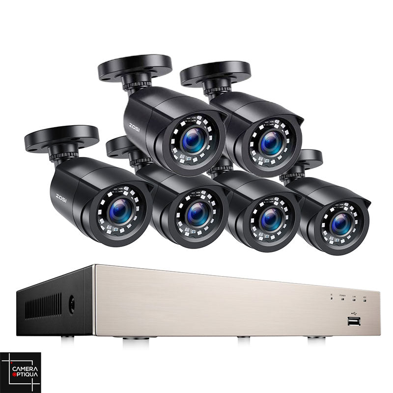 Le système de surveillance complet de Camera-Optiqua vous offre une surveillance globale avec 6 caméras noires et un enregistreur intelligent pour protéger votre propriété.