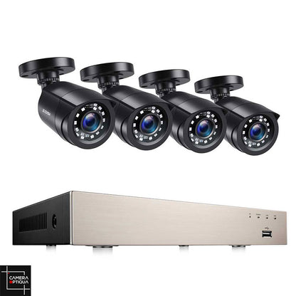 Système de surveillance complet de Camera-Optiqua avec 4 caméras noires et enregistreur intelligent pour protéger votre maison ou entreprise.